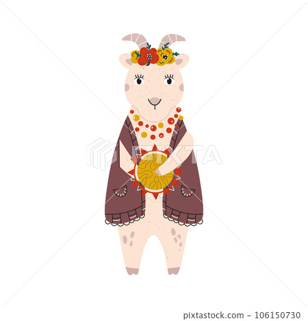Vector illustration with cute goat in necklace, head wear and jacket, holding tambourine. 106150730