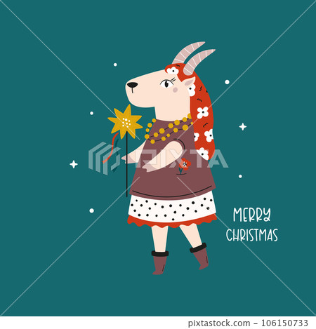 Holiday Christmas card with cute goat in tradititional Ukraininan costume and star in the hand Holiday Christmas card with cute goat in tradititional Ukraininan costume and star in the hand 106150733