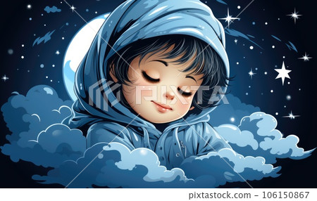 A cartoon little girl in a hoodie is sleeping on the clouds, AI 106150867
