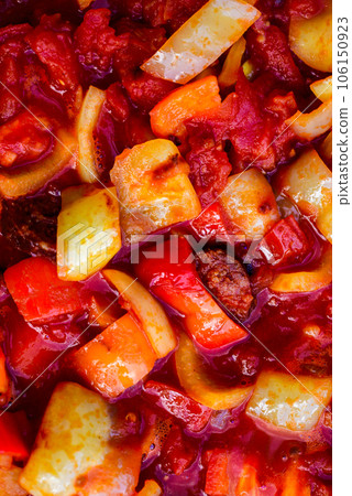 Letcho, a popular Hungarian food. Lecso. letcho with red pepper and tomato. Letcho, a popular Hungarian food. Lecso. letcho with red pepper and tomato. 106150923