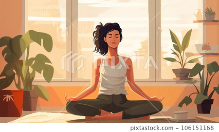young beautiful female meditating at home, tranquil and calm scene, generative AI 106151168
