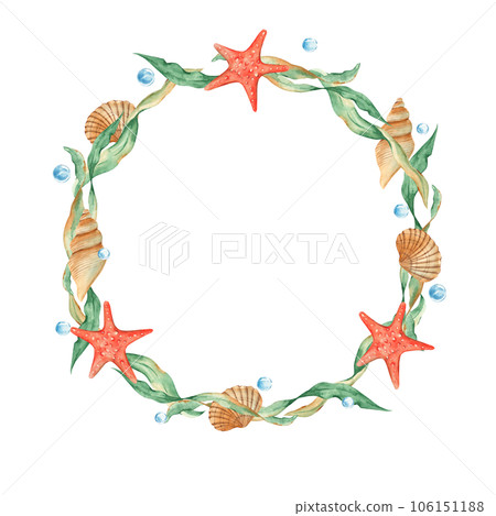 Sea wreath, seaweeds, seashells, red starfish and water bubbles. Marine design. Watercolor hand drawn illustration isolated on white background. For cards, logos, marine design. Sea wreath, seaweeds, seashells, red starfish and water bubbles. Marine design. Watercolor hand drawn illustration isolated on white background. For cards, logos, marine design. 106151188