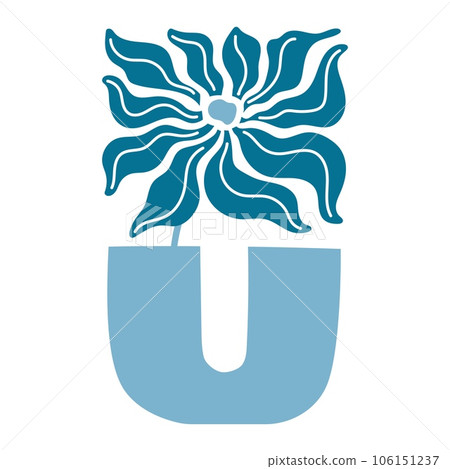 Matisse inspired vase. Blue flower, trendy simple elegant turquoise bouquet with intricate veins, flowing leaves and stem. Modern floral vibes, contemporary sophistication. Vector flat illustration Matisse inspired vase. Blue flower, trendy simple elegant turquoise bouquet with intricate veins, flowing leaves and stem. Modern floral vibes, contemporary sophistication. Vector flat illustration 106151237