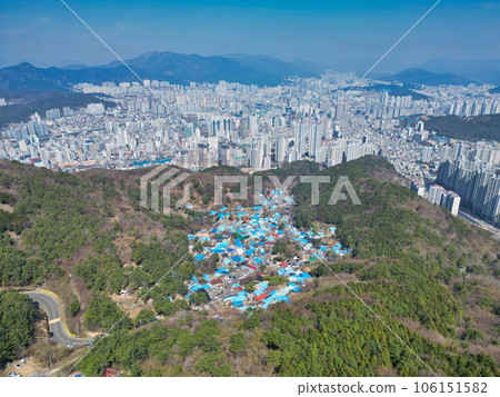 Aerial view of mulmangol village and busan city, busan, South Korea, Asia Aerial view of mulmangol village and busan city, busan, South Korea, Asia 106151582
