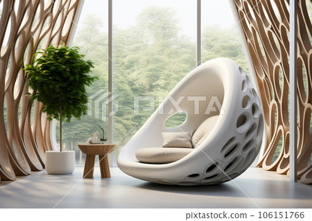 Futuristic chair cocoon in a modern living room in boho style.  106151766