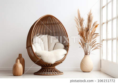 Wicker chair cocoon in a modern living room in boho style. Wicker chair cocoon in a modern living room in boho style. 106151772