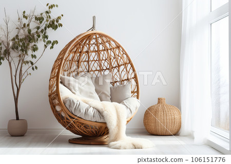 Wicker chair cocoon in a modern living room in boho style.  106151776