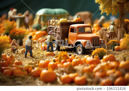 Tiny workers farmers harvest pumpkins in the field.  106151826