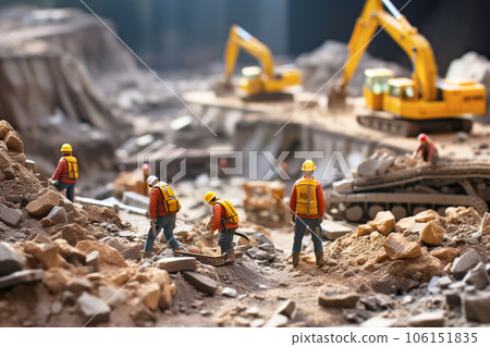 Tiny workers in protective helmets and vests doing earthworks with an excavator. Tiny workers in protective helmets and vests doing earthworks with an excavator. 106151835