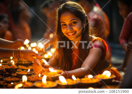 Indian women wearing traditional dress lighting diya lamps at temple on Diwali night. Religious ritual.  106151900