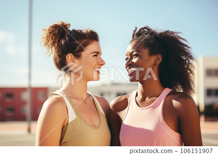 Best multiracial sports girlfriends holding hands on basketball court. Best multiracial sports girlfriends holding hands on basketball court. 106151907