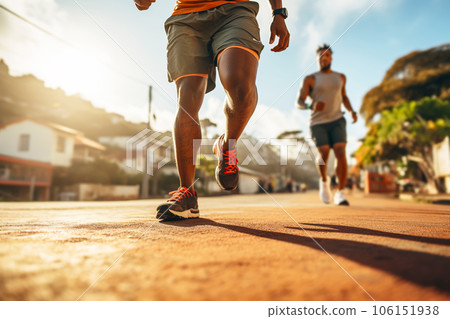 Legs of african american runners sprinting outdoors in urban area close-up. Legs of african american runners sprinting outdoors in urban area close-up. 106151938