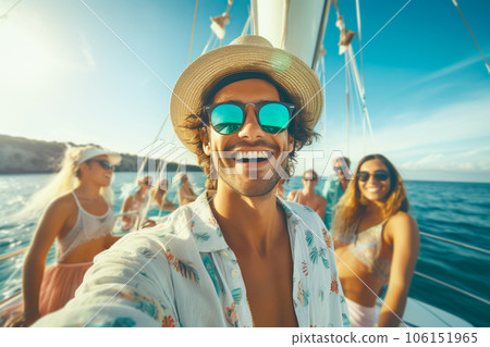 Group of friends having fun on luxury yacht at exclusive boat party. Group of friends having fun on luxury yacht at exclusive boat party. 106151965