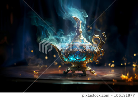 Aladdins mysterious lamp with glowing fire and smoke on a dark magical background.  106151977