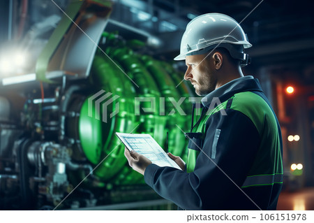 Factory Engineer Using Laptop Computer. Industrial Automated Assembly Plant.  106151978