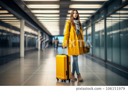 Attractive female traveler walking with a yellow suitcase at the modern transport stop outdoors. 106151979