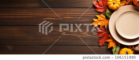Autumn table setting with pumpkins and flowers for celebration Thanksgiving, banner format.  106151990