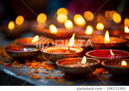 Happy Diwali. Burning diya oil lamps Traditional symbols of Indian festival.  106151991