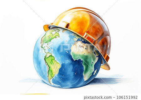 World labor day concept. Watercolor Planet Earth in helmet on white background. 106151992