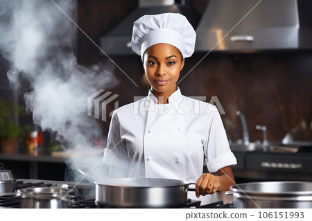 African american chef woman preparing food in a professional kitchen.  106151993