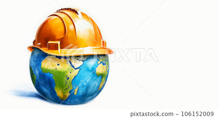 World labor day concept. Watercolor Planet Earth in helmet on white banner.  106152009