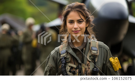 Mixed Race female fighter pilot soldier standing outside her military fighter jet - generative AI. Mixed Race female fighter pilot soldier standing outside her military fighter jet - generative AI. 106152075