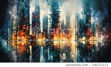 abstract painting of a city with skyscrapers and a tram - generative AI abstract painting of a city with skyscrapers and a tram - generative AI 106152111