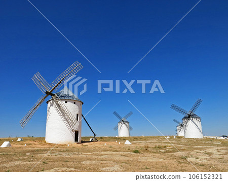 Windmills against the blue sky, Campo de Criptana, Castile-La Mancha, Spain 106152321