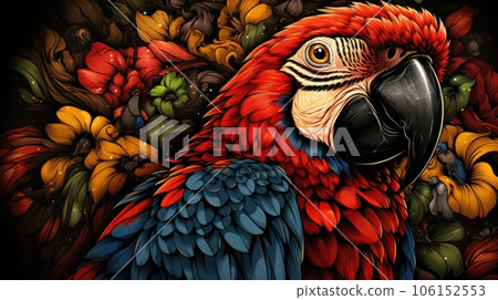 A colorful parrot with flowers and leaves, AI 106152553