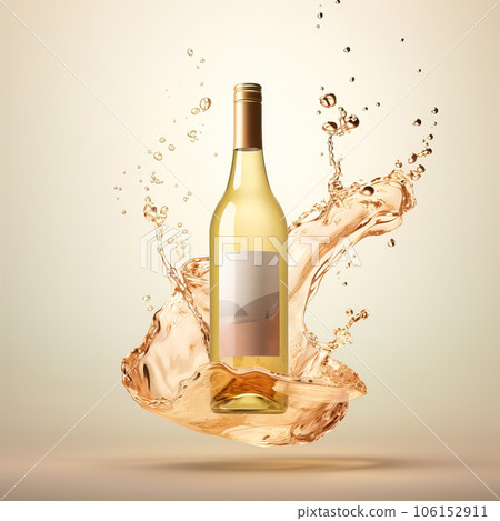 Bottle of white wine floating in liquid splash. Wine bottle mockup with blank white label, commercial wine label template Bottle of white wine floating in liquid splash. Wine bottle mockup with blank white label, commercial wine label template 106152911