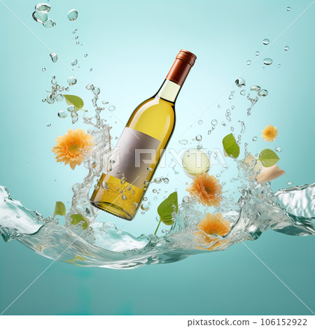 Bottle of white wine floating in liquid splash. Wine bottle mockup with blank white label, commercial wine label template 106152922
