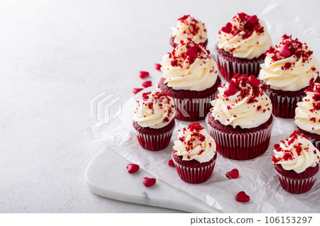 Red velvet cupcakes on a marble board 106153297