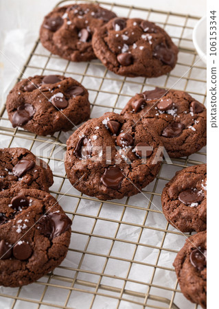 Double chocolate cookies with flaky salt on a cooling rack Double chocolate cookies with flaky salt on a cooling rack 106153344