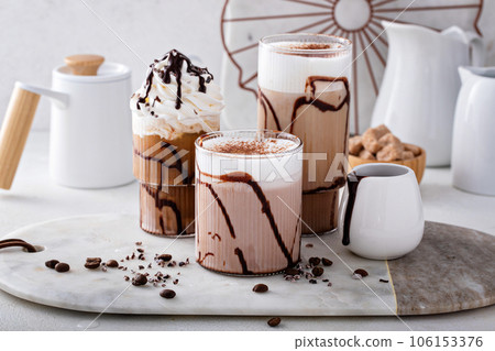 Mocha latte and iced frappe, refreshing and sweet coffee drinks 106153376