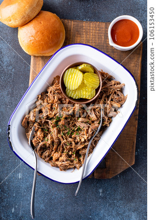 Pulled pork on a serving platter, ready to eat 106153450