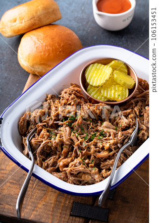 Pulled pork on a serving platter, ready to eat Pulled pork on a serving platter, ready to eat 106153451