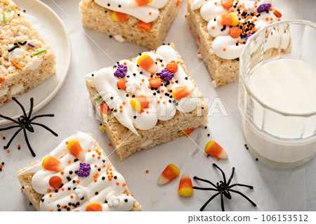 Rice cereal treats for Halloween with festive sprinkles Rice cereal treats for Halloween with festive sprinkles 106153512