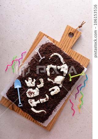 Chocolate cake with dinosaur bones for a child birthday Chocolate cake with dinosaur bones for a child birthday 106153516