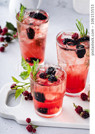 Refreshing blackberry cocktail with fresh sprig of rosemary 106153553