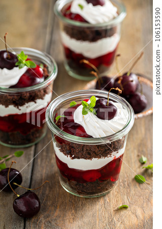 Black forest trifles, dessert in jars concept 106153590