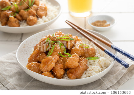 Orange chicken in a bowl served with rice Orange chicken in a bowl served with rice 106153693