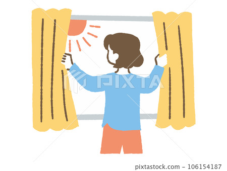 拉開窗簾沐浴陽光的女人_color 106154187