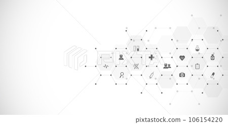Illustration of medical background and healthcare technology with flat icons and symbols. Design template of concept and idea for health care business, innovation medicine, health safety, science 106154220
