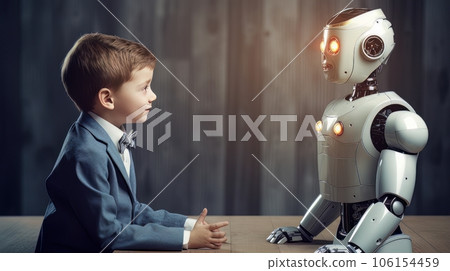Futuristic digital technology child and robot face, digital smart world metaverse concept AI 106154459