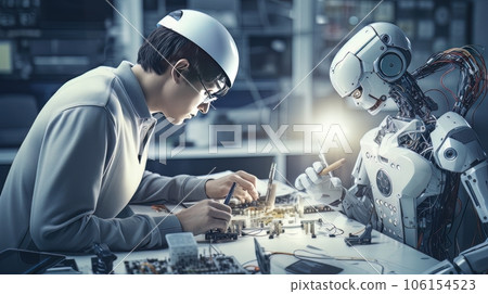 Young adult man works with robot of future technologies. High tech science and engineering concept. AI 106154523