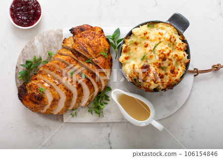 Roasted turkey breast sliced on a plate for holidays Roasted turkey breast sliced on a plate for holidays 106154846