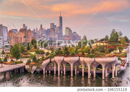 Cityscape of downtown Manhattan skyline with the Little Island Public Park in New York City at sunrise Cityscape of downtown Manhattan skyline with the Little Island Public Park in New York City at sunrise 106155119