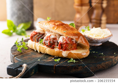 Meatball sub sandwich with marinara and mozzarella Meatball sub sandwich with marinara and mozzarella 106155554