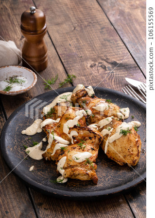 Roasted chicken thighs with pickle dill sauce Roasted chicken thighs with pickle dill sauce 106155569