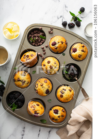Blackberry and chocolate chip muffins, summer recipe 106156063